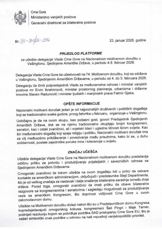 Предлог платформе за учешће делегације Владе Црне Горе на Националном молитвеном доручку у Вашингтону, Сједињене Америчке Државе, у периоду 4-5. фебруар 2026. године