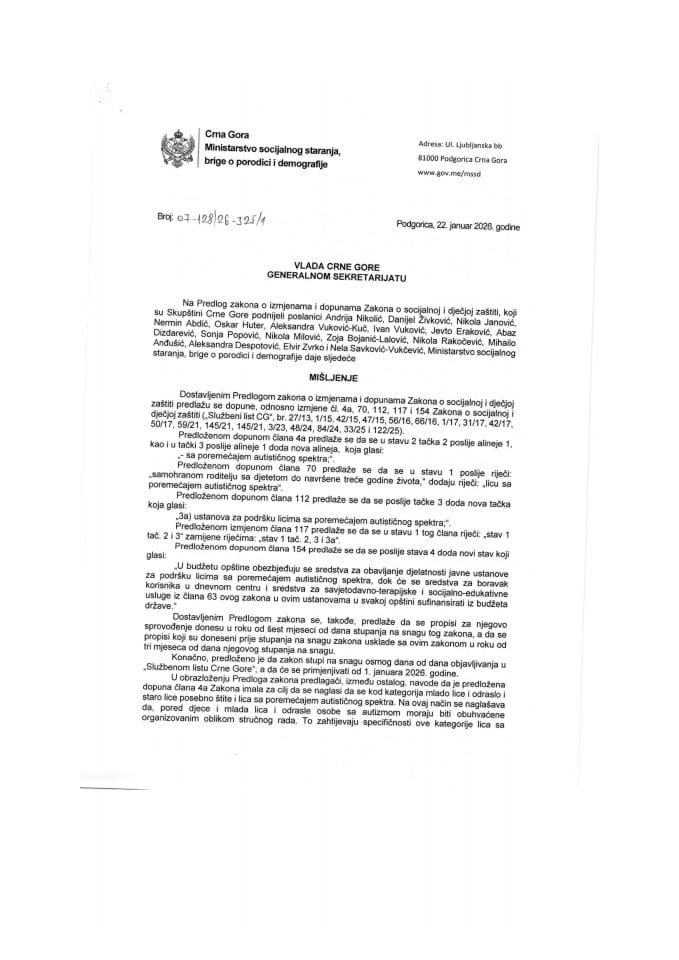 Predlog mišljenja na Predlog zakona o izmjenama i dopunama Zakona o socijalnoj i dječjoj zaštiti (predlagači poslanici: Andrija Nikolić, Danijel Živković, Nikola Janović, Nermin Abdić, Oskar Huter, Aleksandra Vuković-Kuč, Ivan Vuković...)