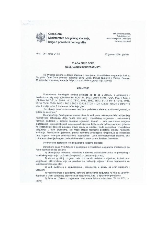 Предлог мишљења на Предлог закона о допуни Закона о пензијском и инвалидском осигурању (предлагачи посланици: Едина Дешић, Мирсад Нурковић и Василије Чарапић)