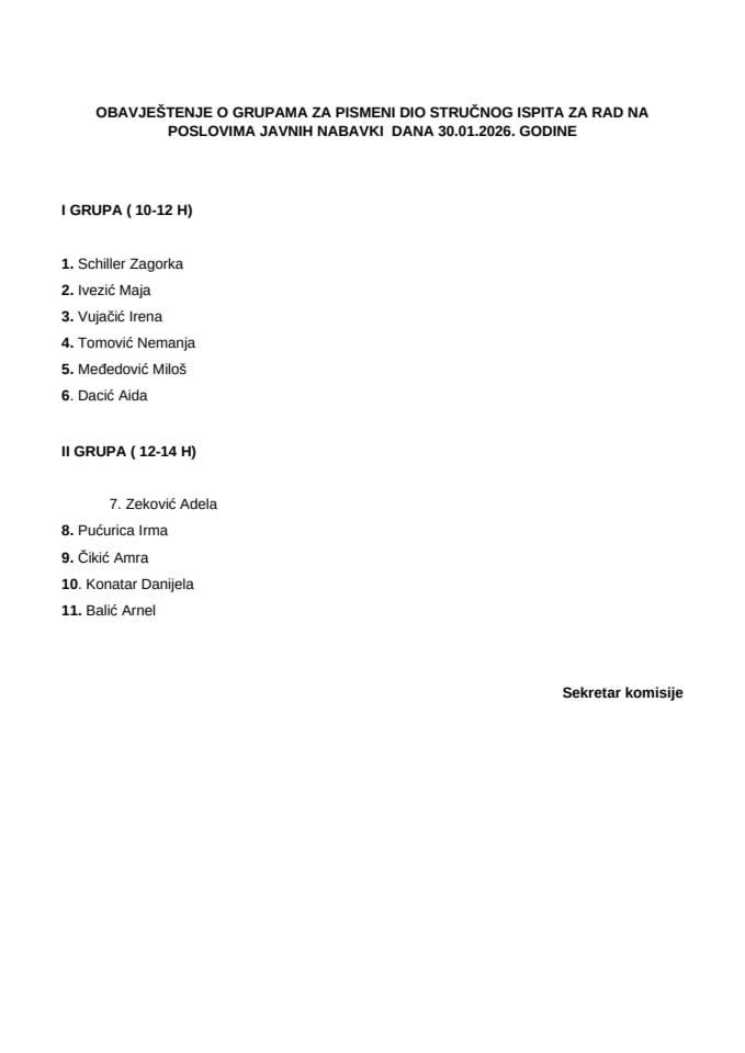 Обавјештење о групама за писмени дио стручног испита за рад на пословима јавних набавки дана 30.01.2026. године