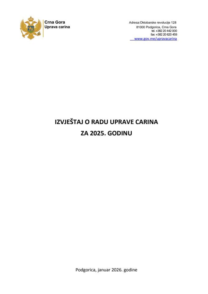 Godišnji izvještaj Uprave carina za 2025. godinu