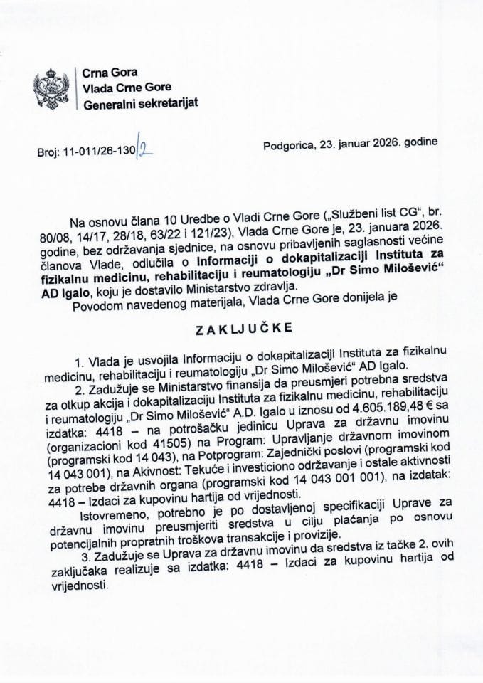 Informacija o dokapitalizaciji Instituta za fizikalnu medicinu, rehabilitaciju i reumatologiju „Dr Simo Milošević“ AD Igalo - Zaključci