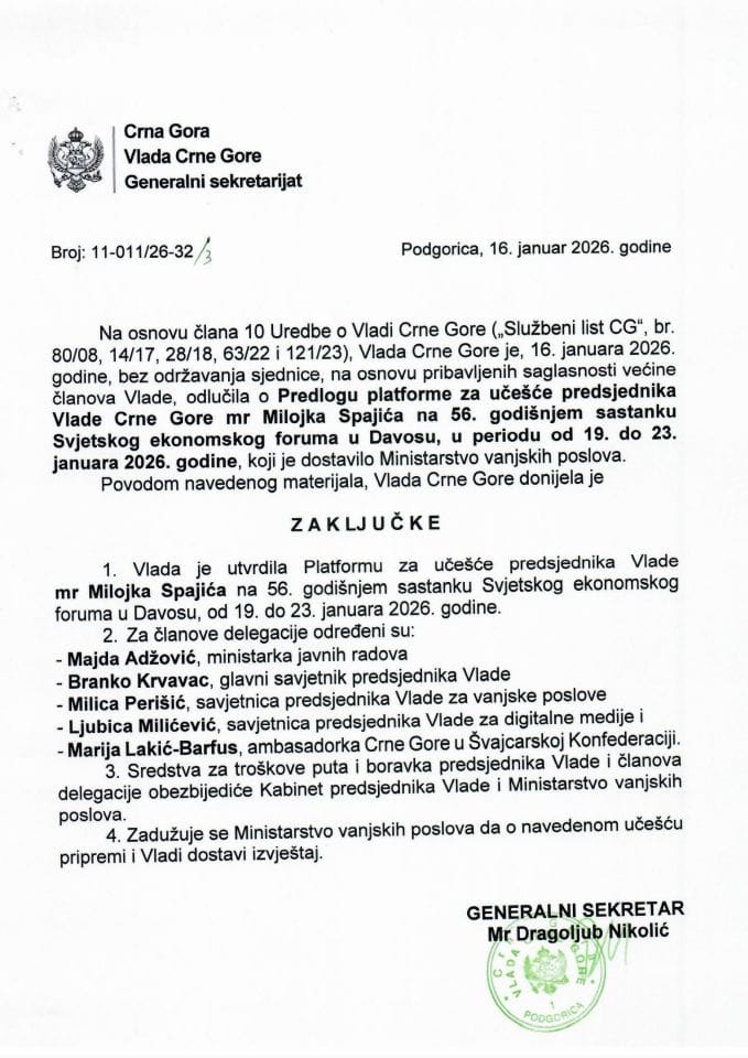 Predlog platforme za učešće predsjednika Vlade Crne Gore mr Milojka Spajića na 56. godišnjem sastanku Svjetskog ekonomskog foruma u Davosu, u periodu od 19. do 23. januara 2026. godine - Zaključci