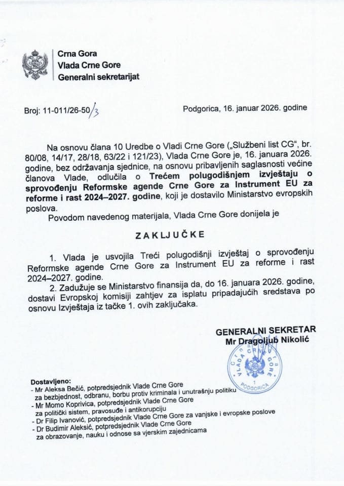 Treći polugodišnjem izvještaju o sprovođenju Reformske agende Crne Gore za Instrument EU za reforme i rast 2024-2027. godine - Zaključci