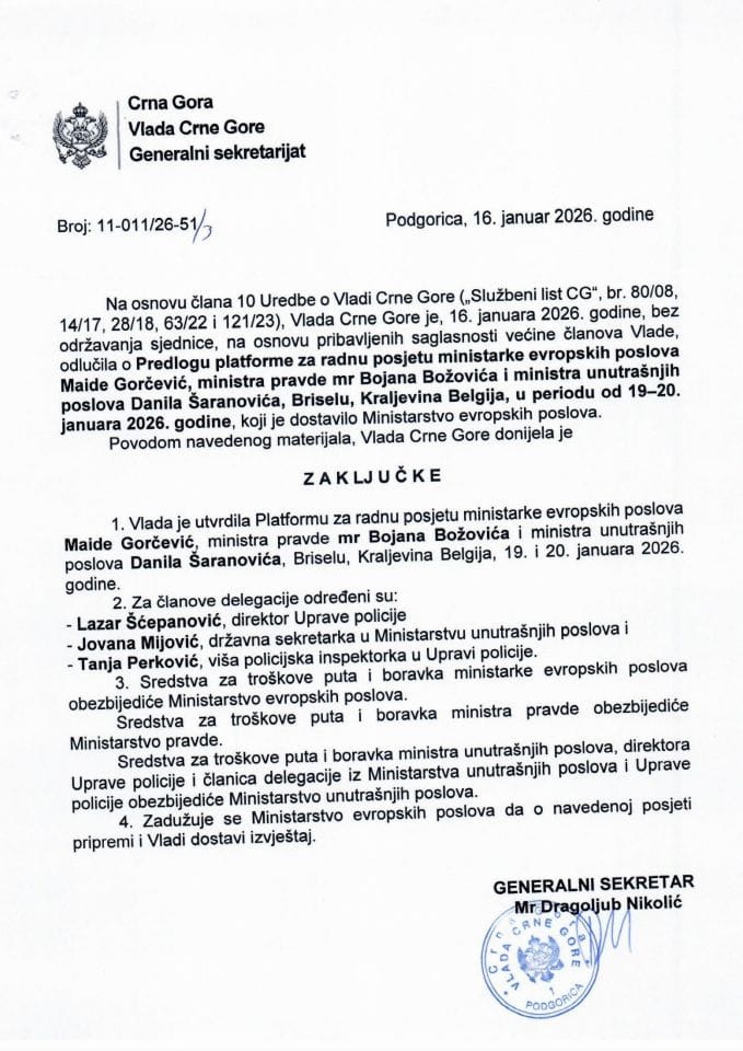 Predlog platforme za radnu posjetu ministarke evropskih poslova Maide Gorčević, ministra pravde mr Bojana Božovića i ministra unutrašnjih poslova Danila Šaranovića, Briselu, Kraljevina Belgija, u periodu od 19-20. januara 2026. godine - Zaključci