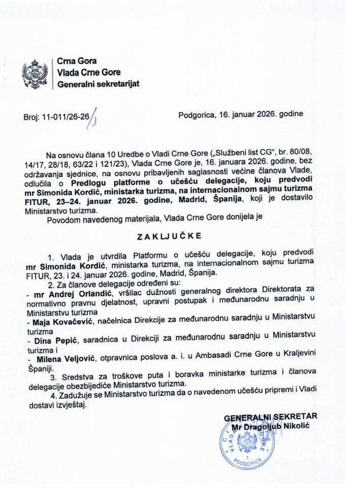 Predlog platforme o učešću delegacije, koju predvodi mr Simonida Kordić, ministarka turizma, na internacionalnom sajmu turizma FITUR, 23 - 24. januar 2026. godine, Madrid, Španija - Zaključci