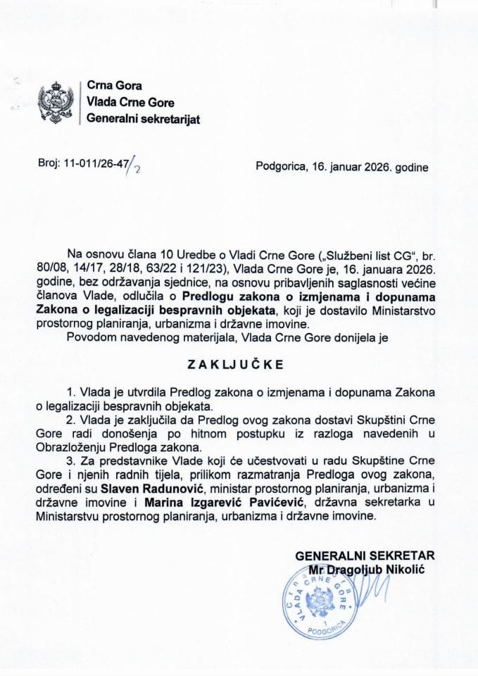 Predlog zakona o izmjenama i dopunama Zakona o legalizaciji bespravnih objekata - Zaključci