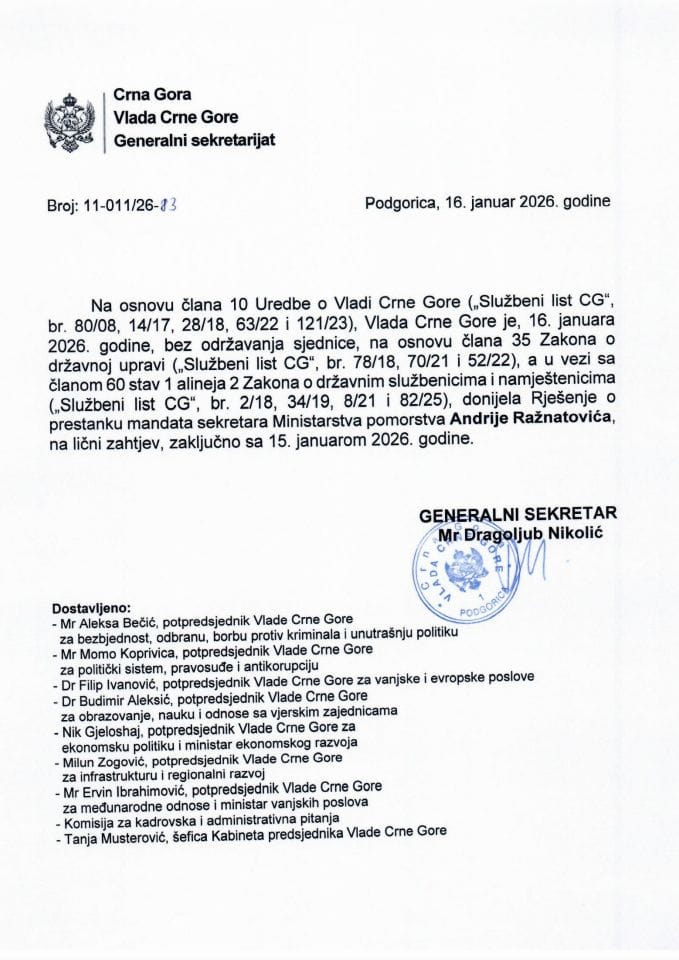 Kadrovska pitanja - 16. januar 2026. godine -Zaključci