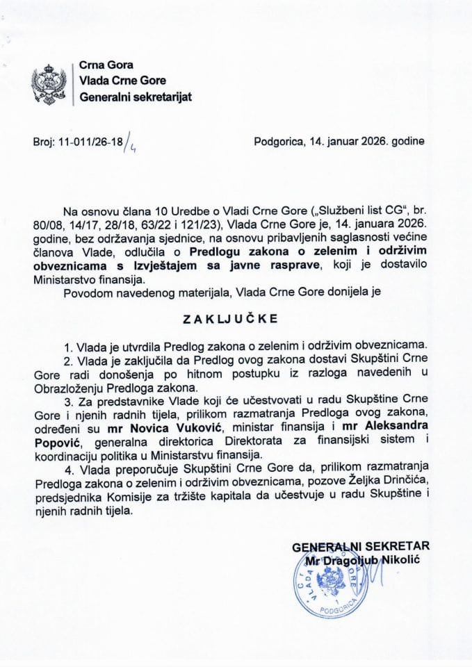 Predlog zakona o zelenim obveznicama i održivim obveznicama s Izvještajem sa javne rasprave - Zaključci