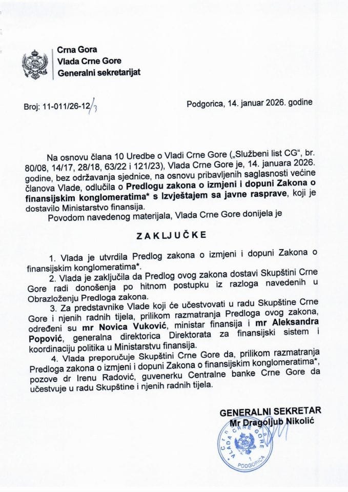 Predlog zakona o izmjeni i dopuni Zakona o finansijskim konglomeratima* s Izvještajem sa javne rasprave - Zaključci