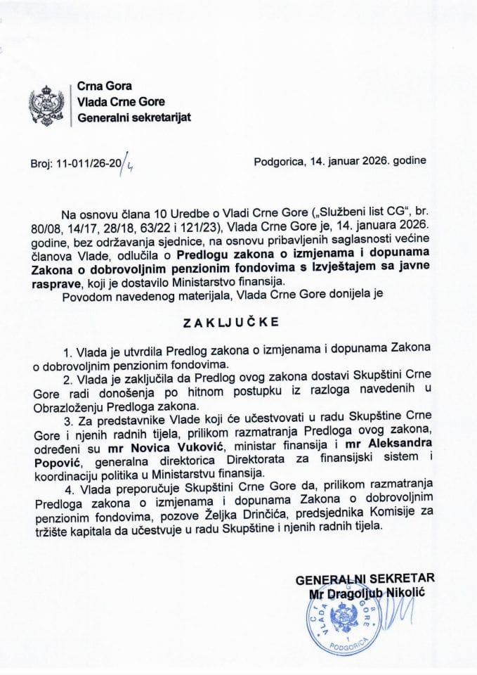 Predlog zakona o izmjenama i dopunama Zakona o dobrovoljnim penzionim fondovima s Izvještajem sa javne rasprave - Zaključci