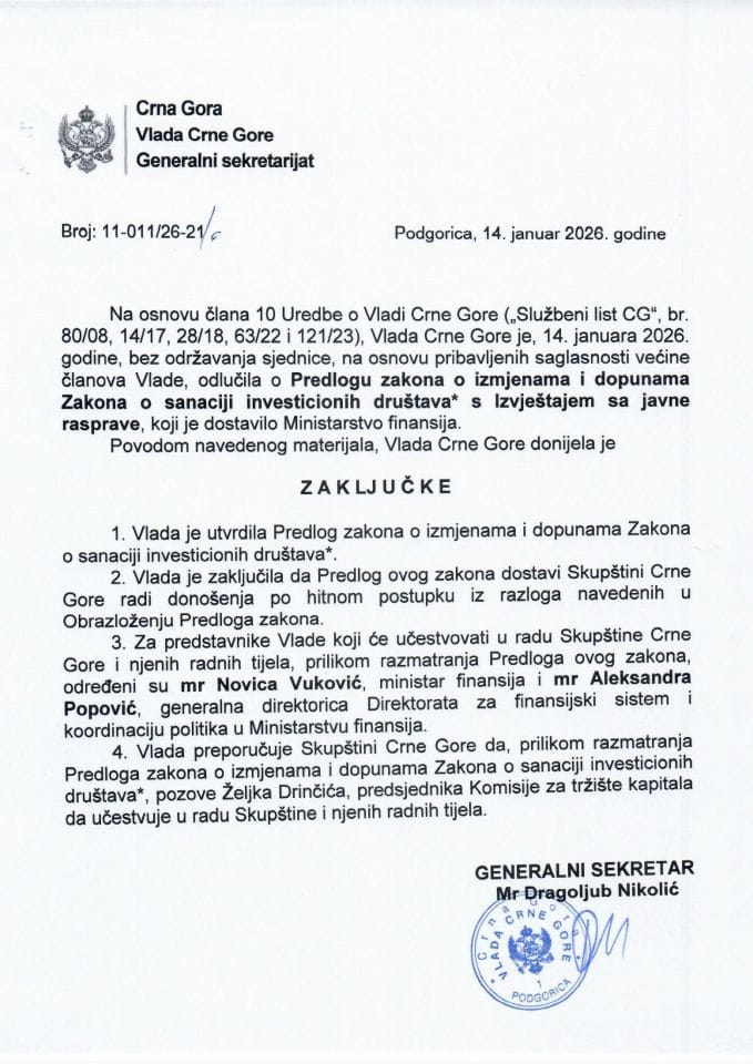 Predlog zakona o izmjenama i dopunama Zakona o sanaciji investicionih društava* s Izvještajem sa javne rasprave - Zaključci