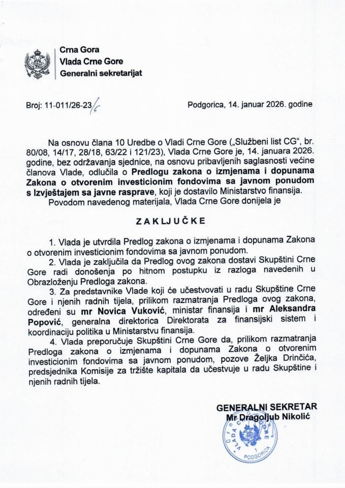 Predlog zakona o izmjenama i dopunama Zakona o otvorenim investicionim fondovima sa javnom ponudom s Izvještajem sa javne rasprave - Zaključci