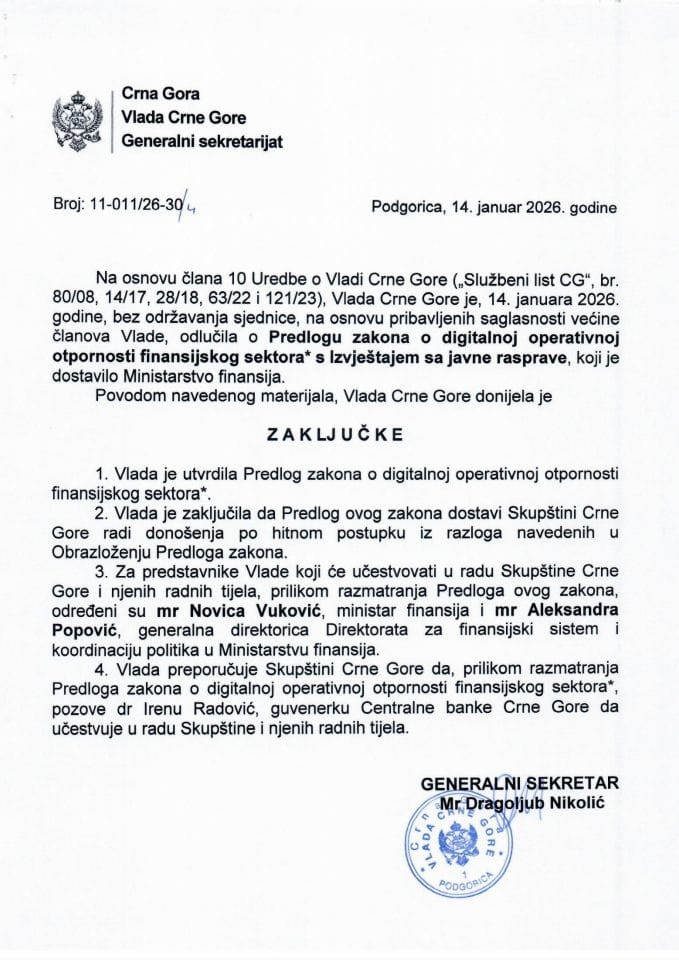 Predlog zakona o digitalnoj operativnoj otpornosti finansijskog sektora* s Izvještajem sa javne rasprave - Zaključci