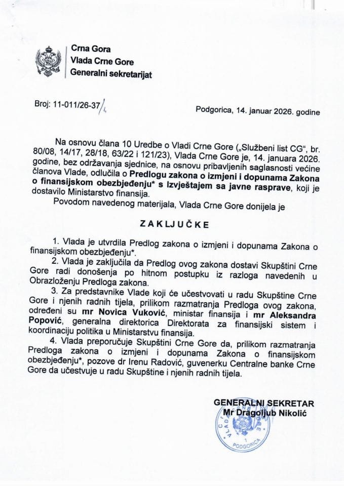 Predlog zakona o izmjeni i dopunama Zakona o finansijskom obezbjeđenju* s Izvještajem sa javne rasprave - Zaključci