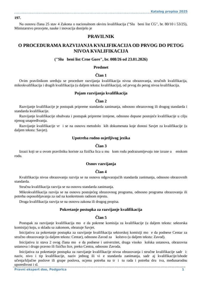 Pravilnik o procedurama razvijanja kvalifikacija od prvog do petog nivoa kvalifikacija