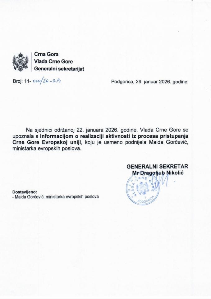 Usmena informacija o realizaciji aktivnosti iz procesa pristupanja Crne Gore Evropskoj uniji - Zaključci