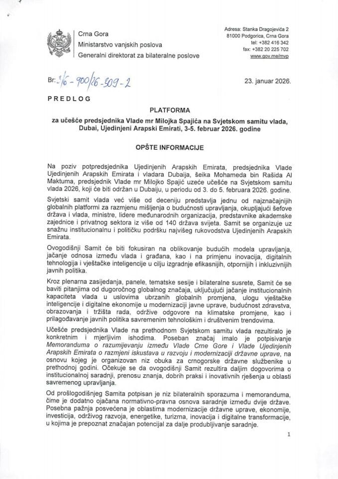 Predlog platforme za učešće predsjednika Vlade mr Milojka Spajića na Svjetskom samitu vlada, Dubai, Ujedinjeni Arapski Emirati, 3-5. februar 2026. godine