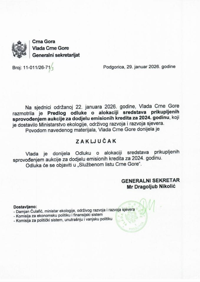 Predlog odluke o alokaciji sredstava prikupljenih sprovođenjem aukcije za dodjelu emisionih kredita za 2024. godinu - Zaključci