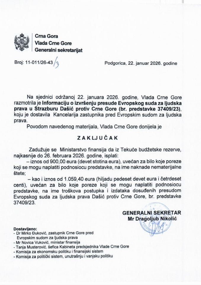 Informacija o izvršenju presude Evropskog suda za ljudska prava u Strazburu Dašić protiv Crne Gore (br. predstavke 37409/23) - Zaključci