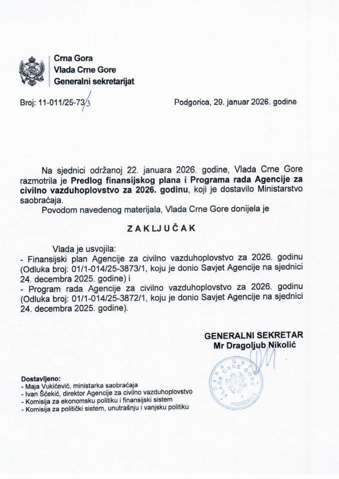 Predlog finansijskog plana i Programa rada Agencije za civilno vazduhoplovstvo za 2026. godinu - Zaključci