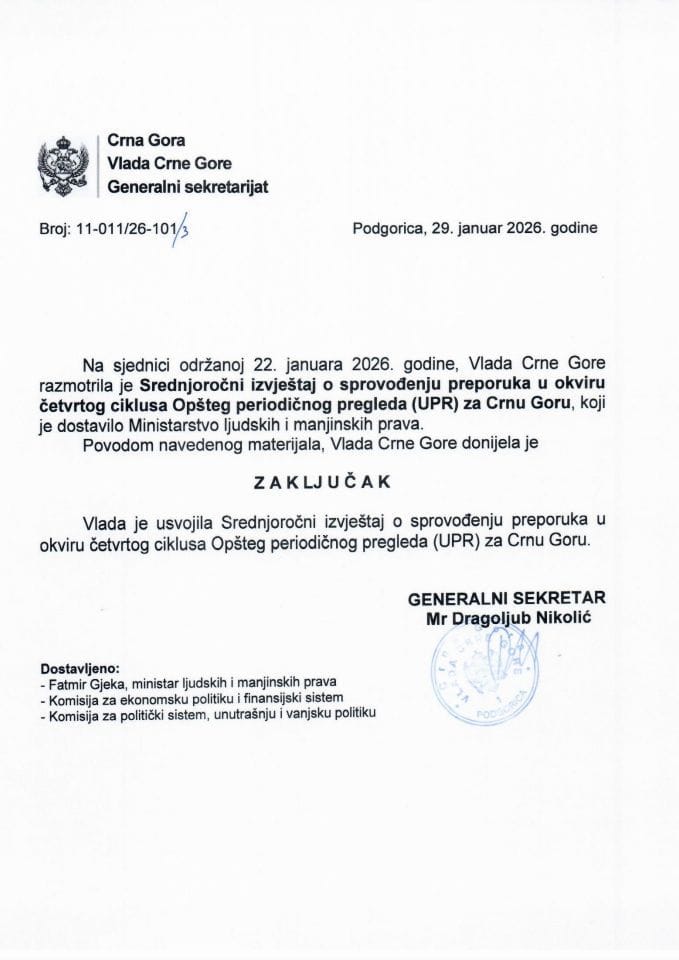 Srednjoročni izvještaj o sprovođenju preporuka u okviru četvrtog ciklusa Opšteg periodičnog pregleda (UPR) za Crnu Goru - Zaključci