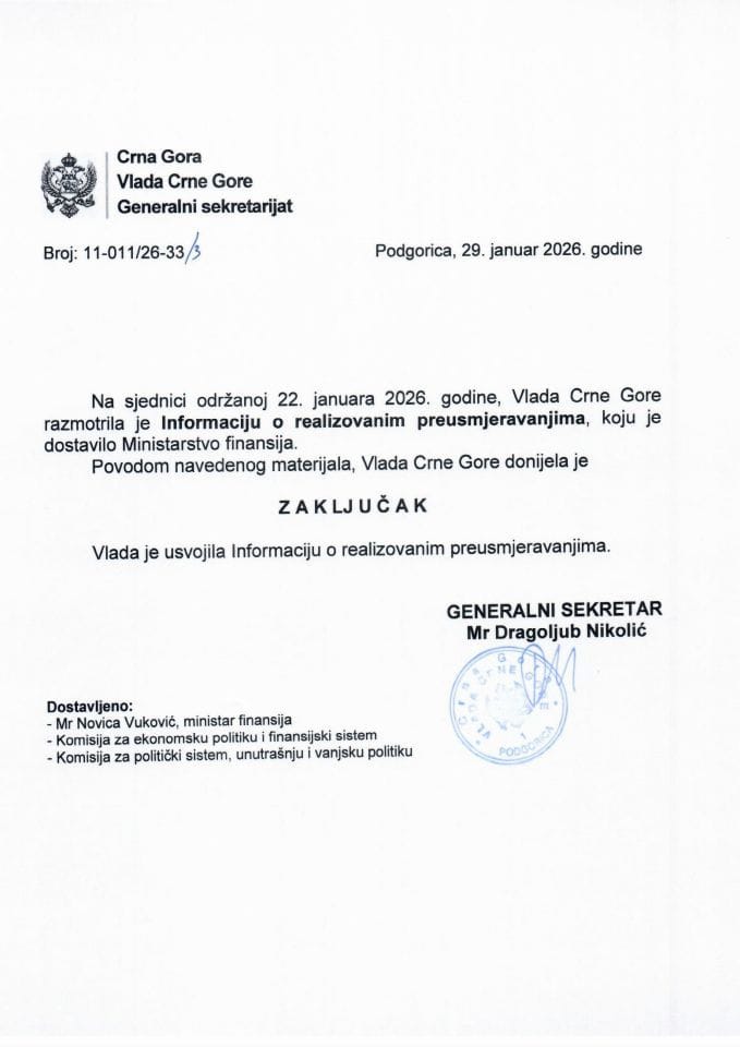Informacija o realizovanim preusmjeravanjima - Zaključci