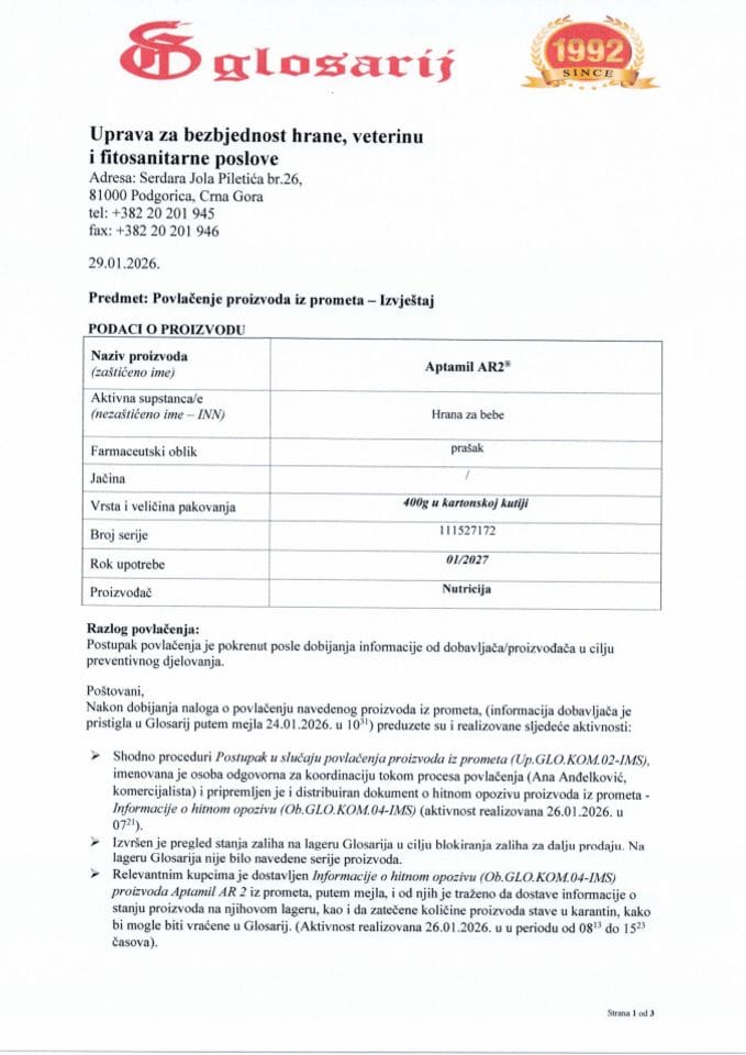 2026.01.29. Izvještaj o povlačenju Aptamil AR2