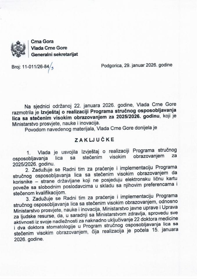 Izvještaj o realizaciji Programa stručnog osposobljavanja lica sa stečenim visokim obrazovanjem za 2025/2026. godinu - Zaključci