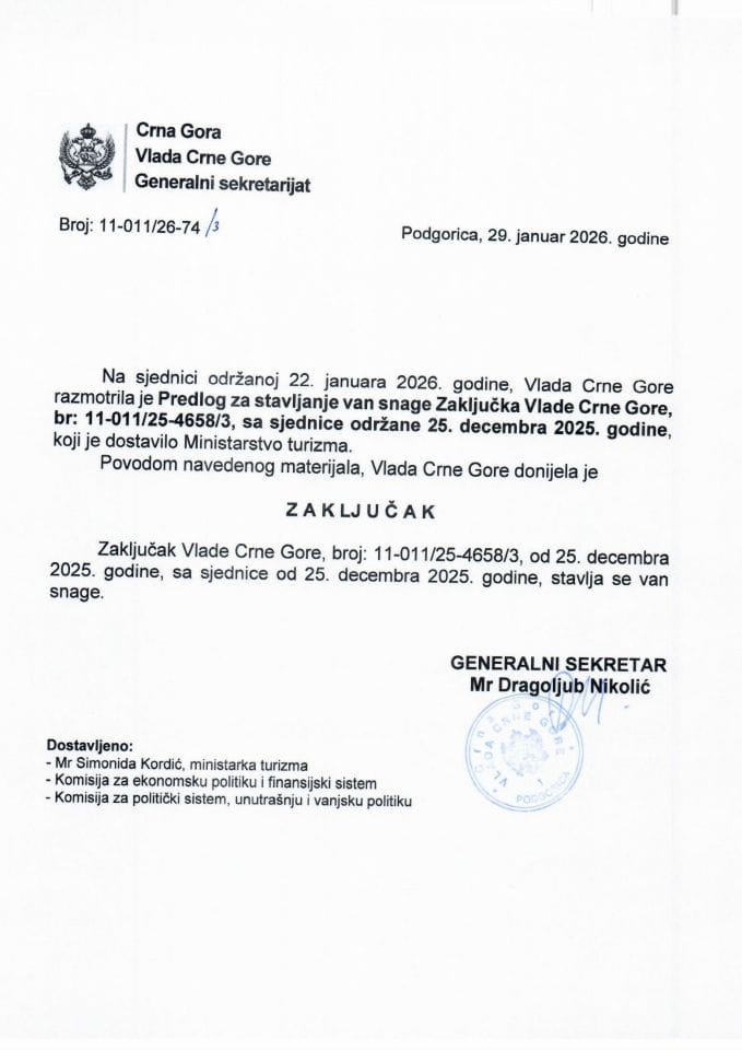 Predlog za stavljanje van snage Zaključka Vlade Crne Gore, br: 11-011/25-4658/3, sa sjednice održane 25. decembra 2025. godine - Zaključci