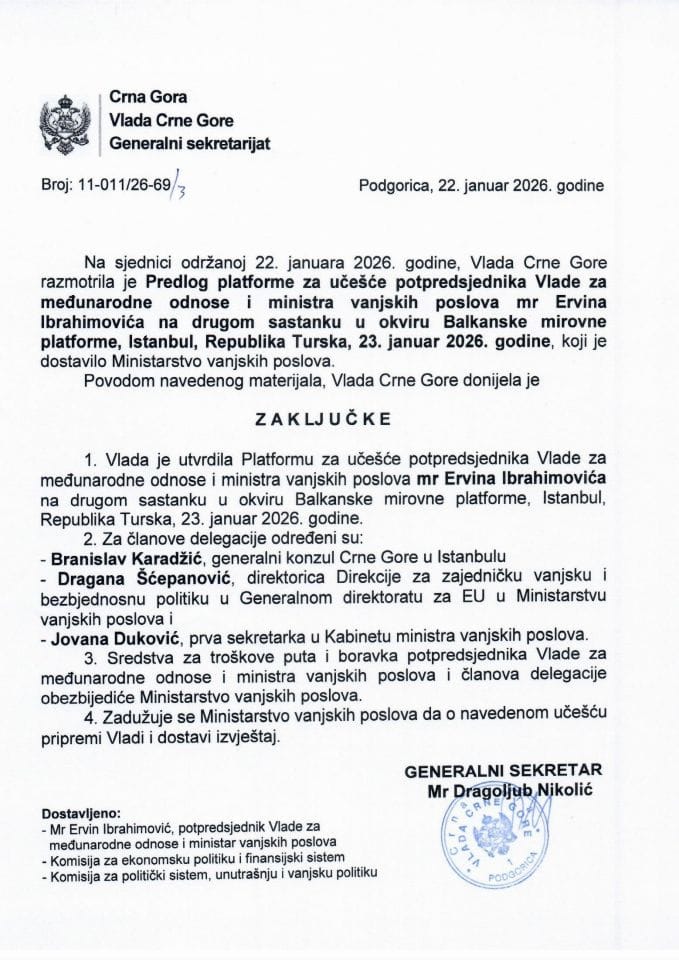 Predlog platforme za učešće potpredsjednika Vlade za međunarodne odnose i ministra vanjskih poslova mr Ervina Ibrahimovića na drugom ministarskom sastanku u okviru Balkanske mirovne platforme, Istanbul, Republika Turska, 23. januar 2026. godine - Zaključci