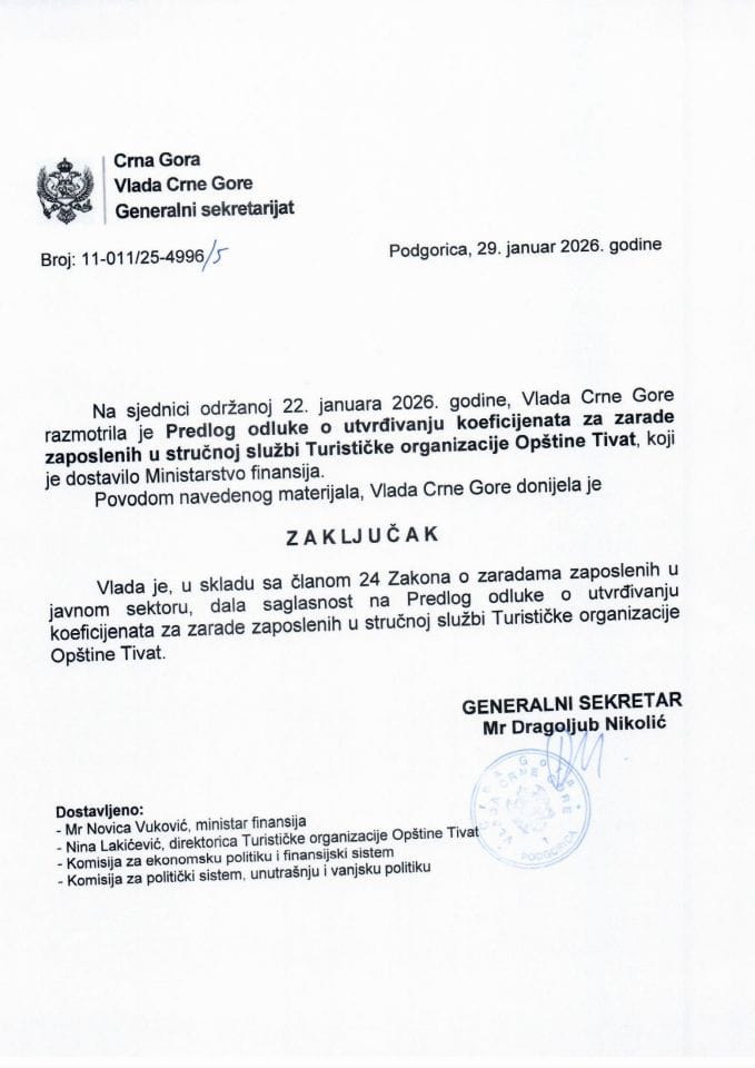 Predlog odluke o utvrđivanju koeficijenata za zarade zaposlenih u Stručnoj službi Turističke organizacije Opštine Tivat - Zaključci