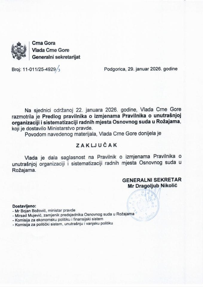 Predlog pravilnika o izmjenama Pravilnika o unutrašnjoj organizaciji i sistematizaciji radnih mjesta Osnovnog suda u Rožajama - Zaključci