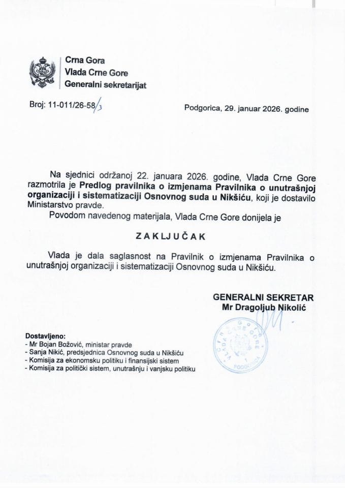 Predlog pravilnika o izmjenama Pravilnika o unutrašnjoj organizaciji i sistematizaciji Osnovnog suda u Nikšiću - Zaključci