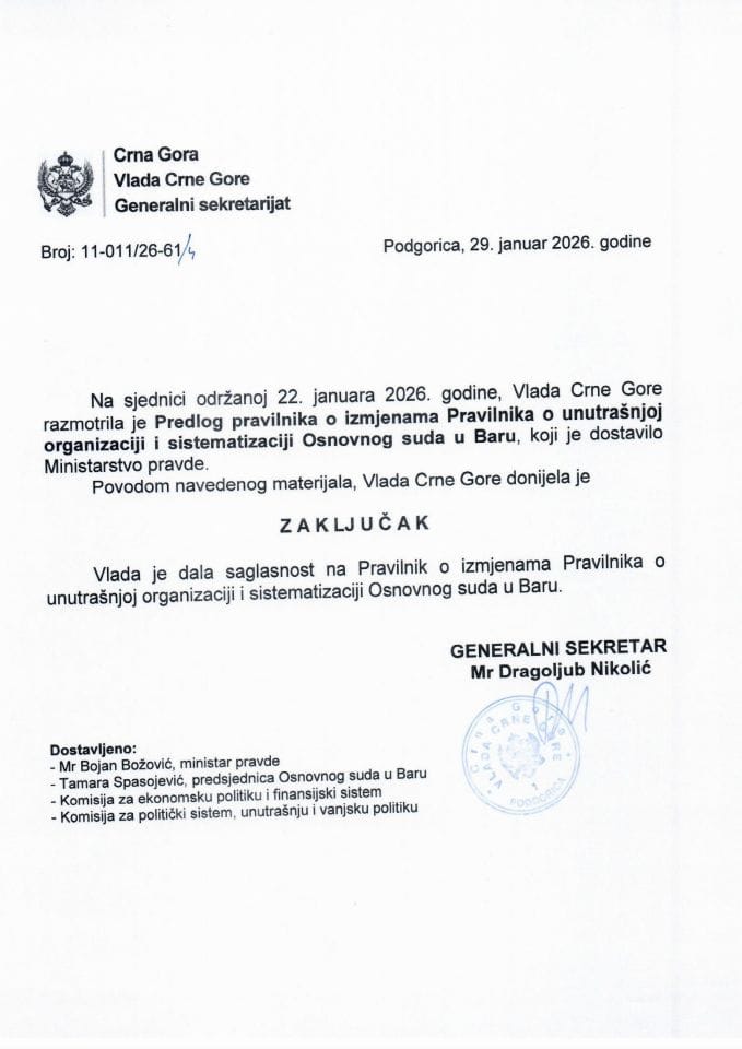 Predlog pravilnika o izmjenama Pravilnika o unutrašnjoj organizaciji i sistematizaciji Osnovnog suda u Baru - Zaključci