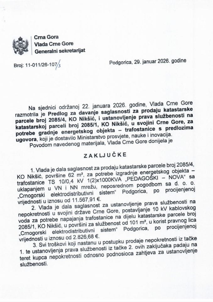 Predlog za davanje saglasnosti za prodaju katastarske parcele broj 2085/4 KO Nikšić i ustanovljenje prava službenosti na katastarskoj parceli broj 2085/1 KO Nikšić - Zaključci