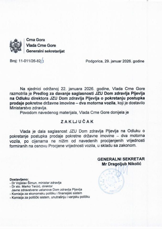Predlog za davanje saglasnosti JZU Dom zdravlja Pljevlja na Odluku direktora JZU Dom zdravlja Pljevlja o pokretanju postupka prodaje pokretne državne imovine - dva motorna vozila - Zaključci