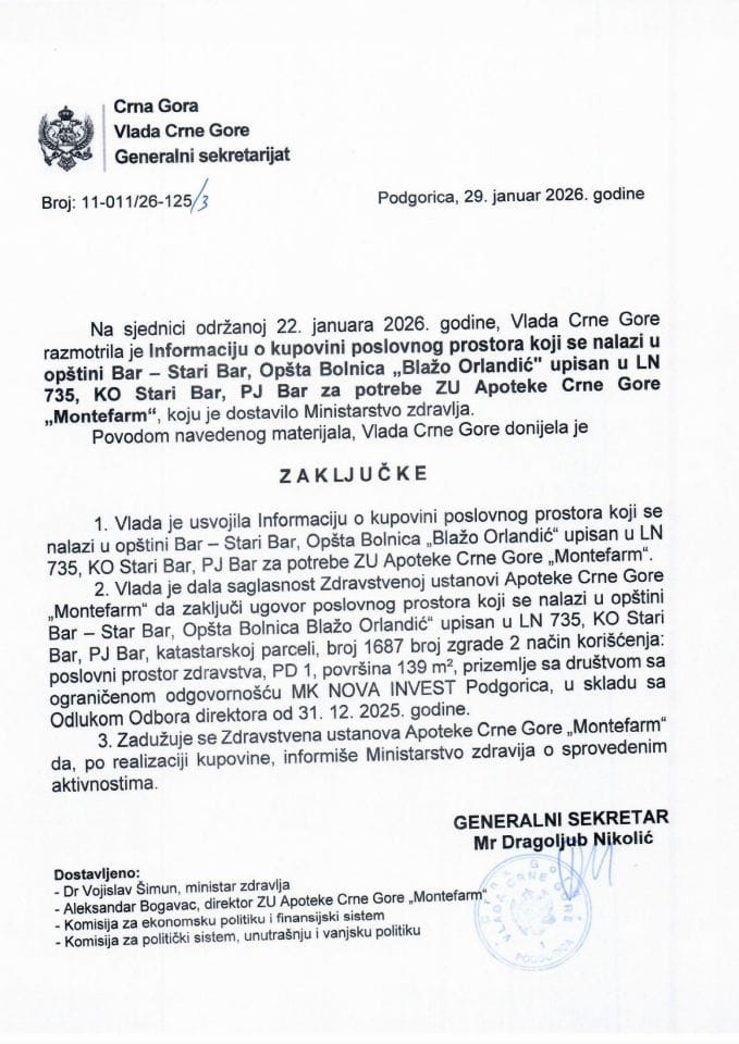 Informacija o kupovini poslovnog prostora koji se nalazi u opštini Bar - Stari Bar, Opšta bolnica "Blažo Orlandić" upisan u LN 735, KO Stari Bar, PJ Bar, za potrebe ZU Apoteke Crne Gore "Montefarm" - Zaključci