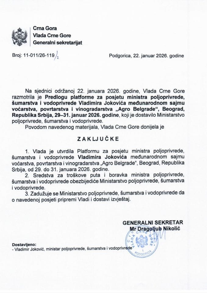 Predlog platforme za posjetu ministra poljoprivrede, šumarstva i vodoprivrede Vladimira Jokovića međunarodnom sajmu voćarstva, povrtarstva i vinogradarstva "Agro Belgrade", Beograd, Republika Srbija, 29-31. januar 2026. godine - Zaključci