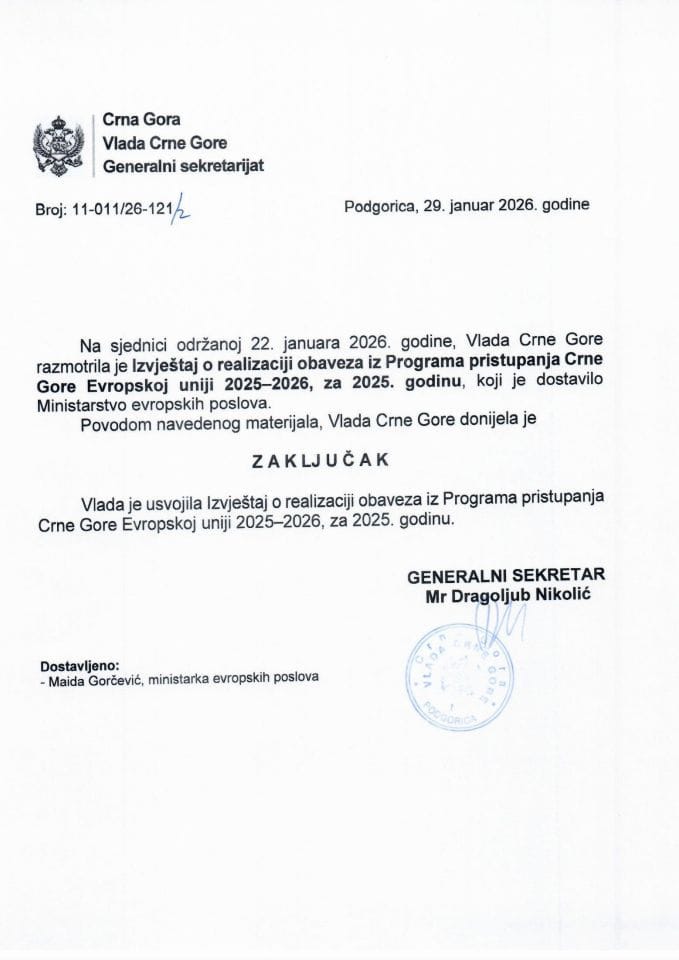 Izvještaj o realizaciji obaveza iz Programa pristupanja Crne Gore Evropskoj uniji 2025-2026, za 2025. godinu - Zaključci