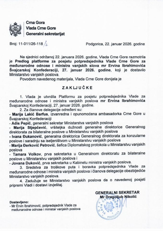 Predlog platforme za zvaničnu posjetu potpredsjednika Vlade Crne Gore za međunarodne odnose i ministra vanjskih poslova mr Ervina Ibrahimovića Švajcarskoj Konfederaciji, 27. januar 2026. godine - Zaključci