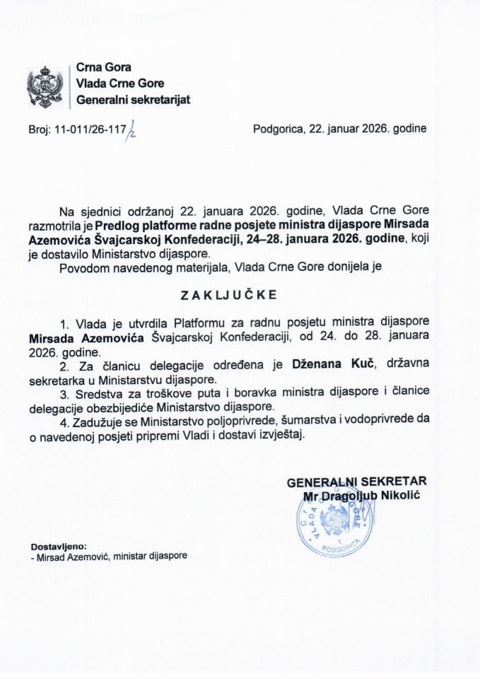 Predlog platforme radne posjete ministra dijaspore Mirsada Azemovića Švajcarskoj Konfederaciji, 24-28. januara 2026. godine - Zaključci