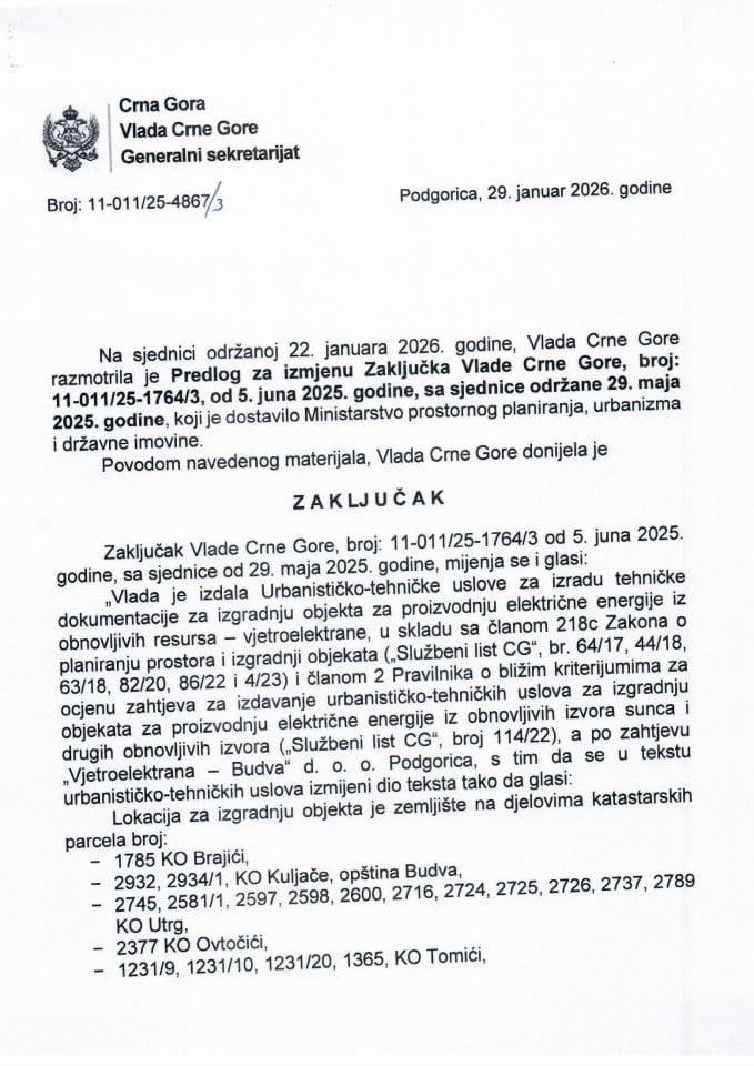 Predlog za izmjenu Zaključka Vlade Crne Gore, broj: 11-011/25-1764/3, od 5. juna 2025. godine, sa sjednice održane 29. maja 2025. godine - Zaključci