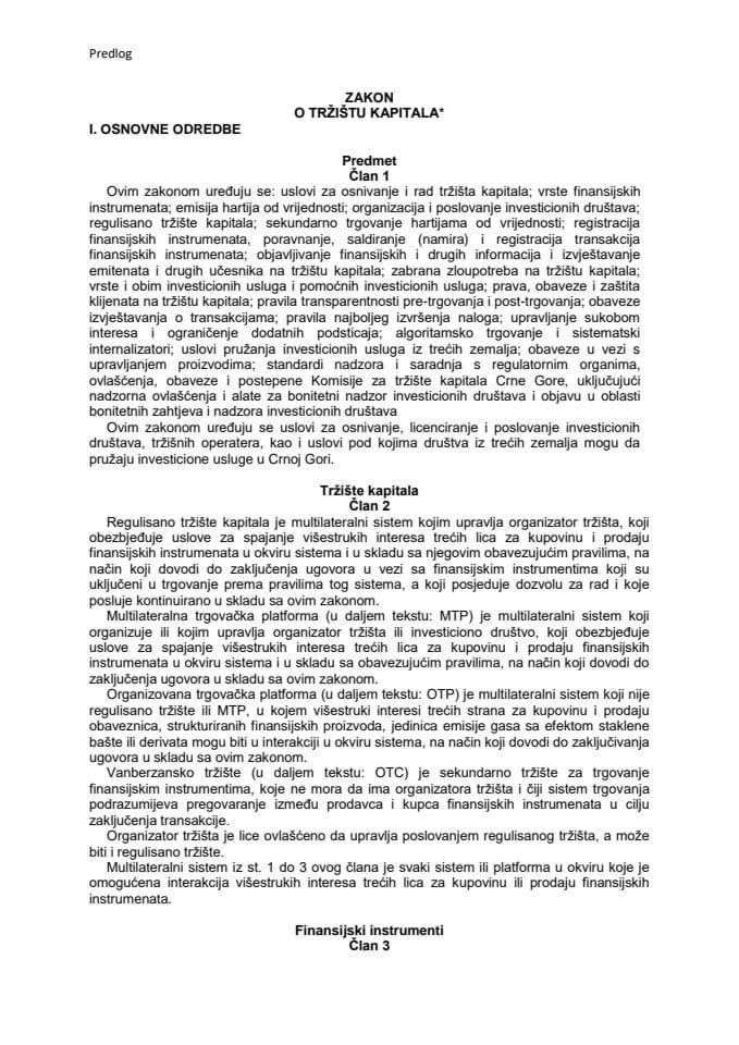 Predlog zakona o tržištu kapitala*