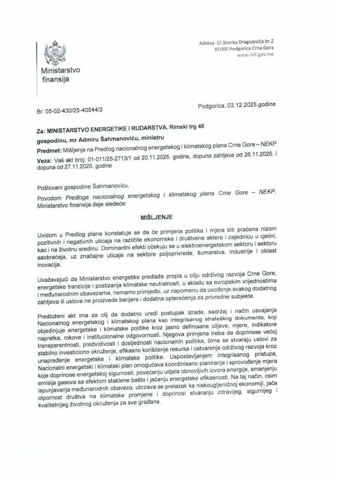 Mišljenje na Predlog nacionalnog energetskog i klimatskog plana Crne Gore - NEKP