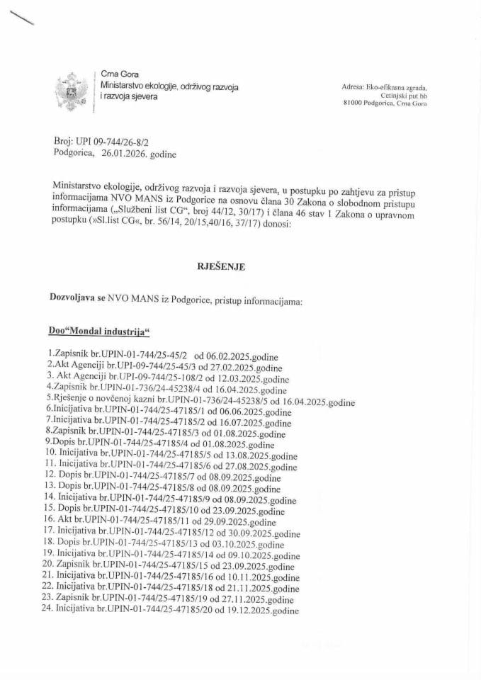 Rjesenje po zahtjevu NVO MANS br.UPI-09-744-26-8-2 od 26.01.2026