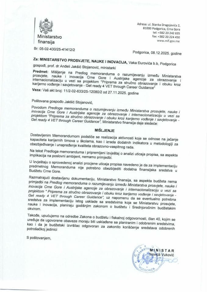 Mišljenje na Predlog memoranduma o razumijevanju između Ministarstva prosvjete, nauke i inovacija Crne Gore i Austrijske agencije za obrazovanje i internacionalizaciju u vezi sa projektom Priprema za stručno obrazovanje i obuku kroz