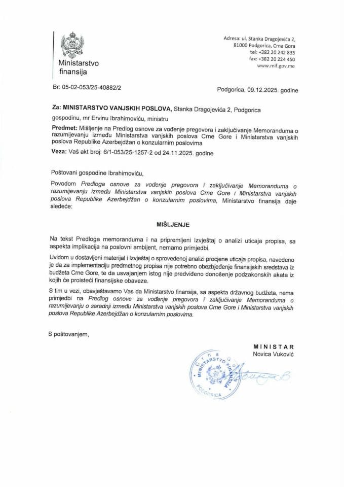 Mišljenje na Predlog osnove za vođenje pregovora i zaključivanje Memoranduma o razumijevanju između Ministarstva vanjskih poslova Crne Gore i Ministarstva vanjskih poslova Azerbejdžana o konzularnom poslovima