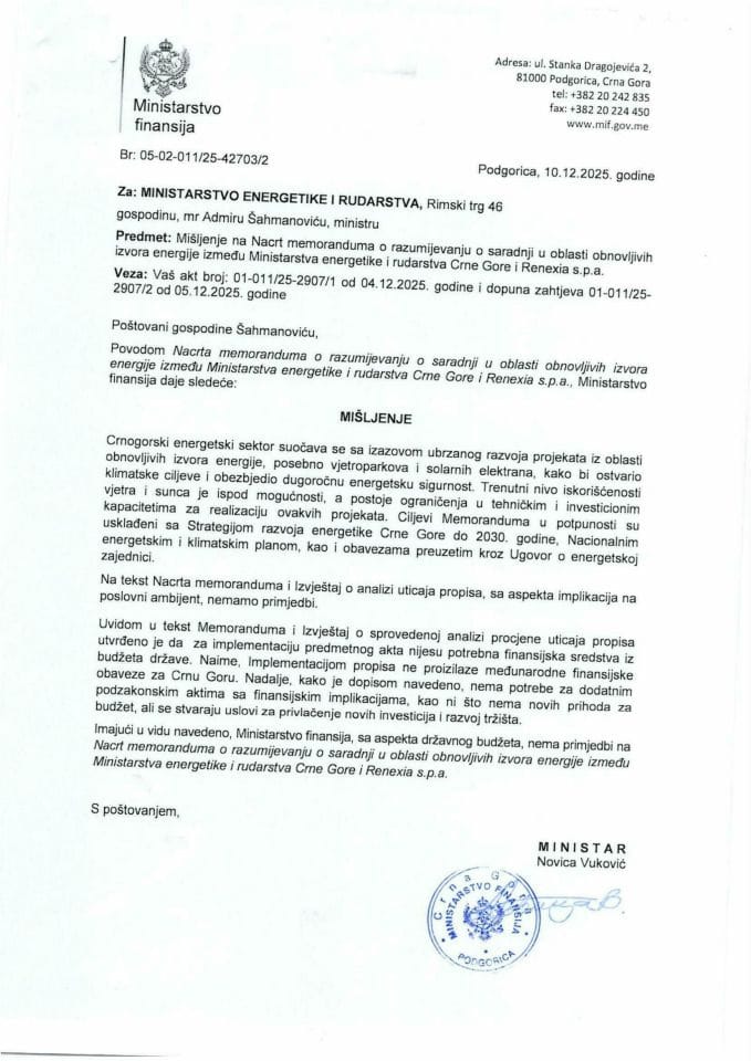 Mišljenje na Nacrt Memoranduma o razumijevanju o saradnji u oblasti obnovljivih izvora energije između Ministarstva energetike i rudarstva Crne Gore i Renexia