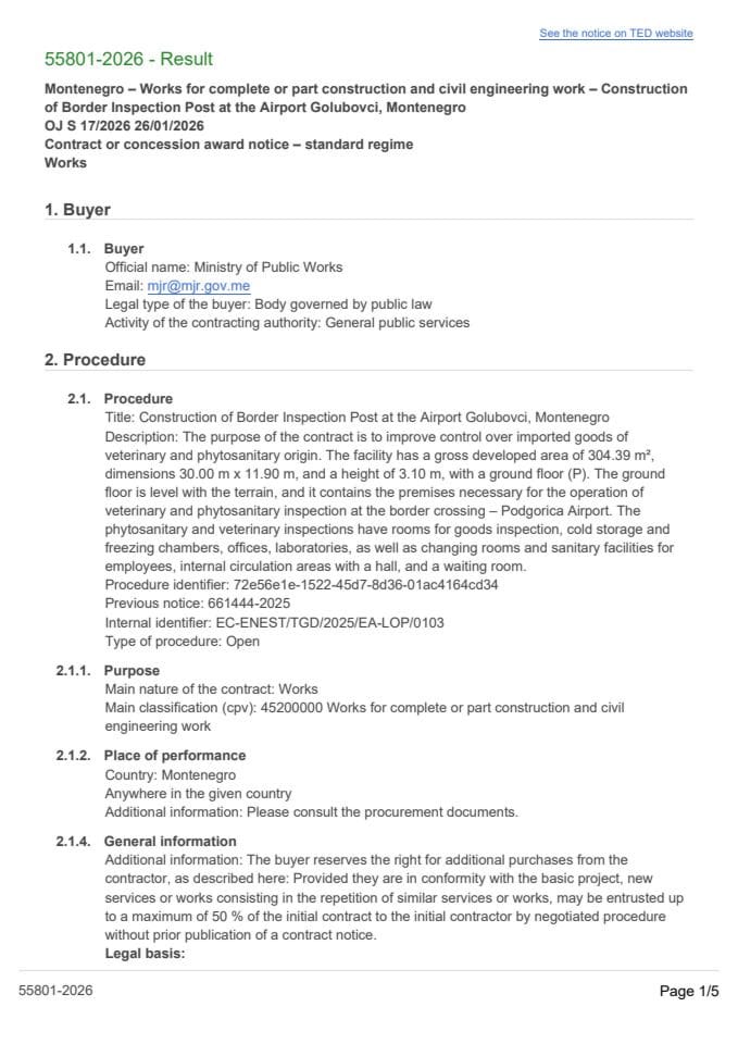 Цонтрацт Аwард Нотице фор пројецт “Цонструцтион оф Бордер Инспецтион Пост ат тхе Аирпорт Голубовци, Монтенегро”